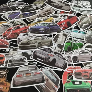 Large collection of custom car-shaped paper air fresheners with printed vehicle designs and hanging cords