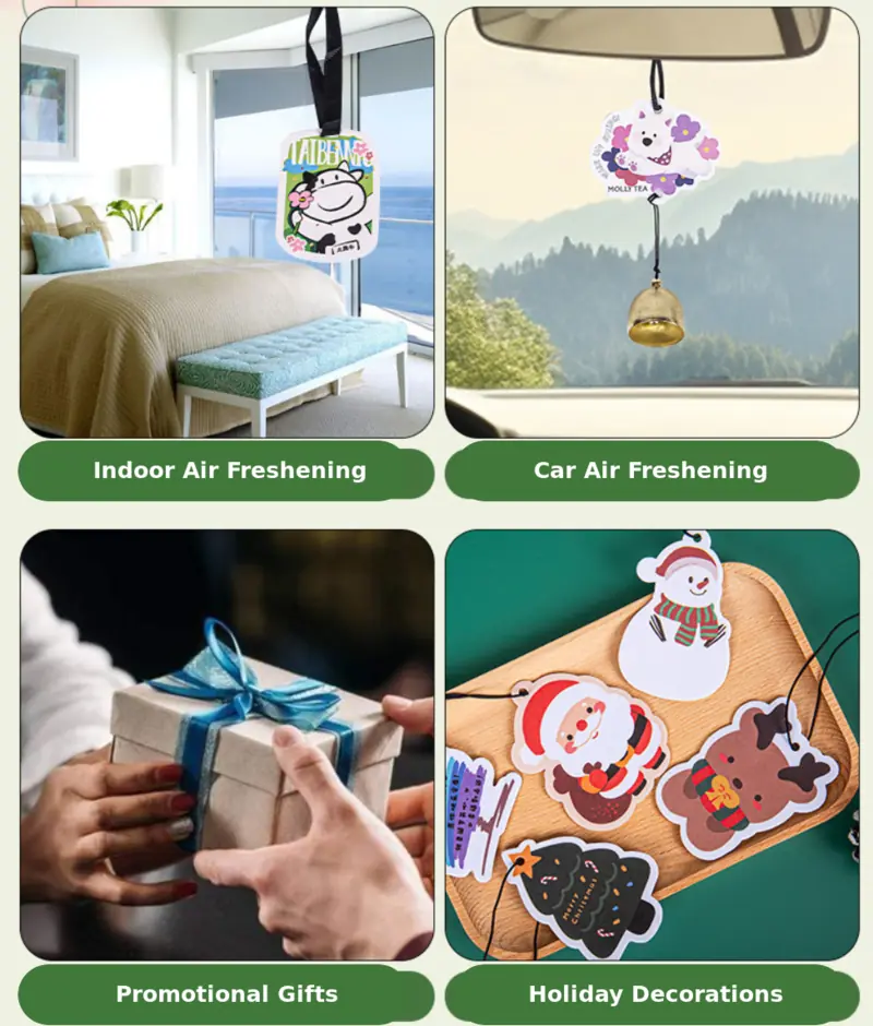 Custom paper air fresheners used indoors, in cars, as promotional gifts and for holiday decoration