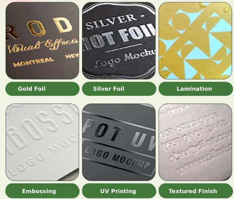 Gold foil, silver foil, lamination, embossing, UV printing and textured finishing samples
