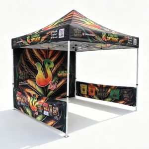 Black printed canopy with full-color back wall and side half walls featuring beverage brand artwork