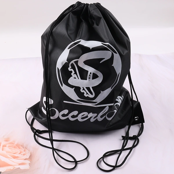 Black drawstring backpack with a large white sports logo and cord shoulder straps