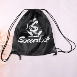 Black drawstring bag laid flat with white logo printing and long black cords