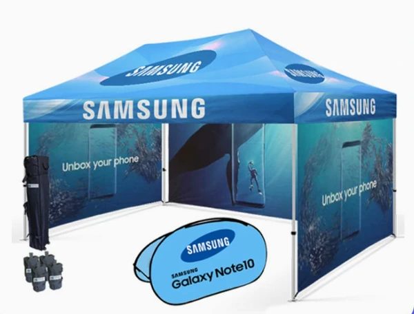 Blue Samsung-branded canopy with printed walls, an oval display sign, frame bag and weights