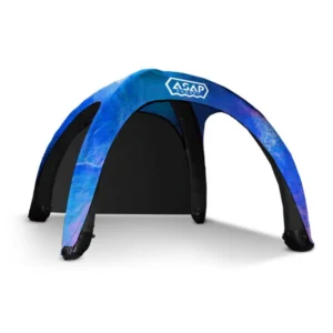 Blue inflatable dome tent with four arched legs, black inner panels and an ASAP logo on a white background