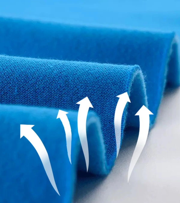Folded blue sweatshirt fabric with white arrows illustrating airflow