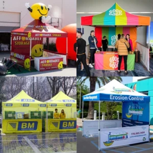 Four event scenes showing printed promotional canopy tents with matching branded display materials