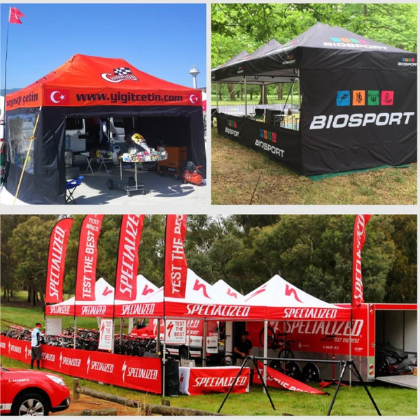 Collage of printed promotional canopies with full walls, half walls and matching flags at outdoor sports events