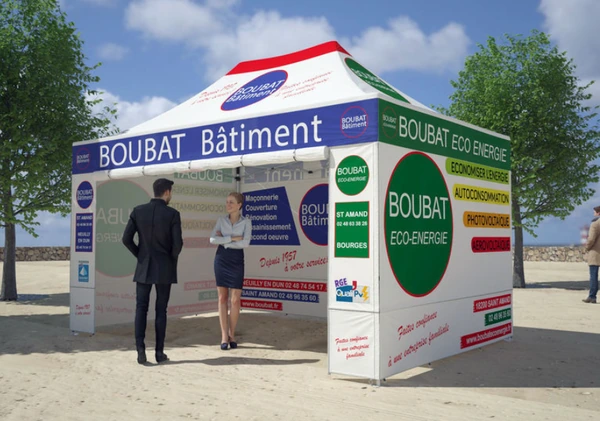 Multicolor branded canopy with printed enclosure walls and visitors at an outdoor event