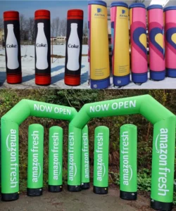 Collage of printed inflatable columns and green Amazon Fresh promotional arches