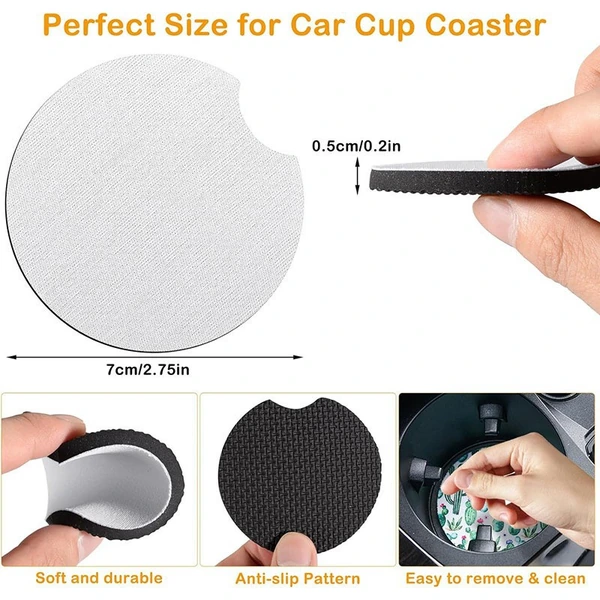 Notched car coaster with labeled 7 cm diameter and 0.5 cm thickness, showing flexibility, textured backing and removal from a cup holder
