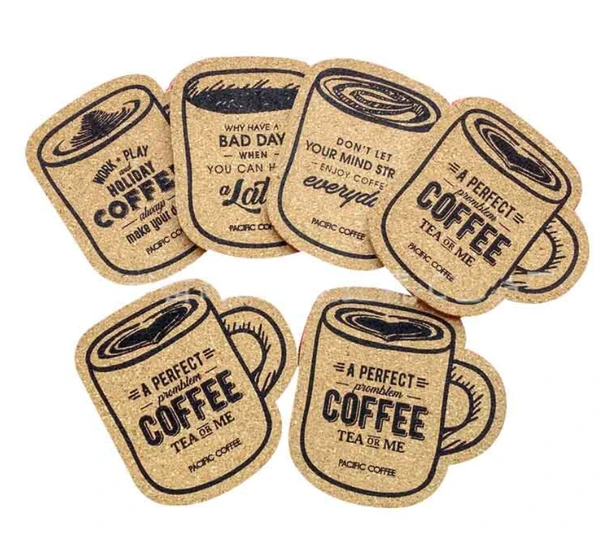 Six mug-shaped cork coasters with black coffee-themed lettering and illustrated mug outlines on a white background