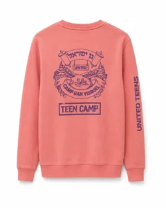 Coral crewneck sweatshirt with a purple camp chest graphic and sleeve lettering