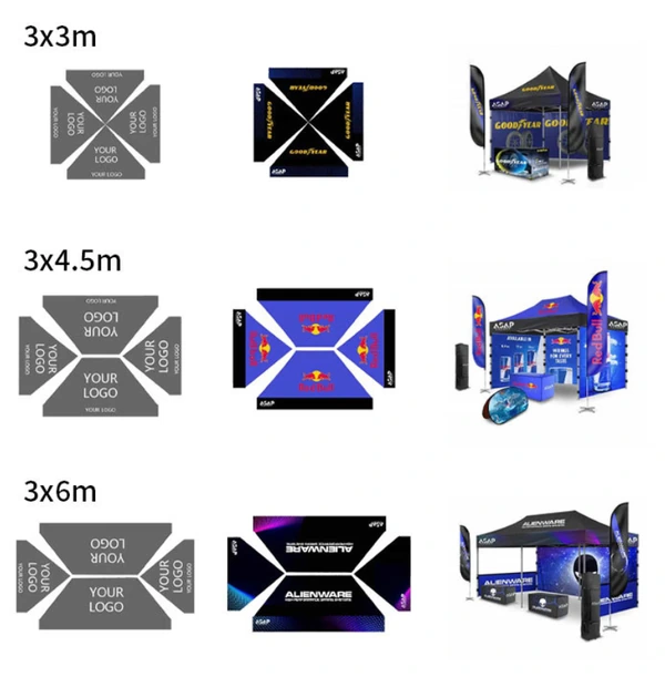 Canopy layout, printed artwork and assembled display examples for 3x3 m, 3x4.5 m and 3x6 m sizes