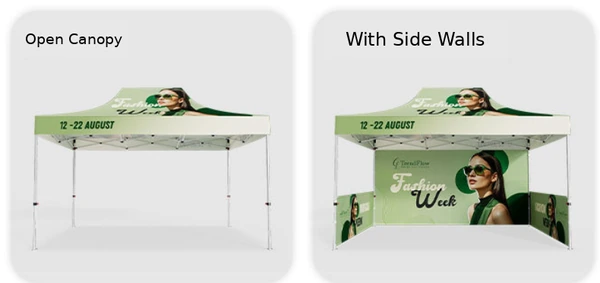 Two green fashion-themed canopies comparing open sides with a back wall and side half walls