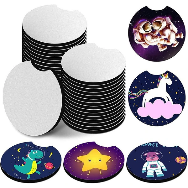 Stacks of blank notched car coasters with astronaut, unicorn, dinosaur, star and animal printed design examples