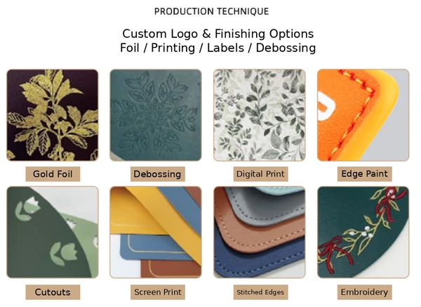 Eight close-up examples showing foil, debossing, digital printing, edge paint, cutouts, screen printing, stitching and embroidery
