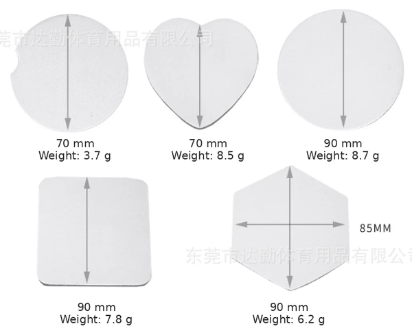 Coaster shape chart showing notched round, heart, round, square and hexagonal options with size and weight labels