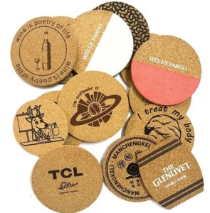 Assorted round and square cork coasters featuring printed logos, lettering and graphic designs