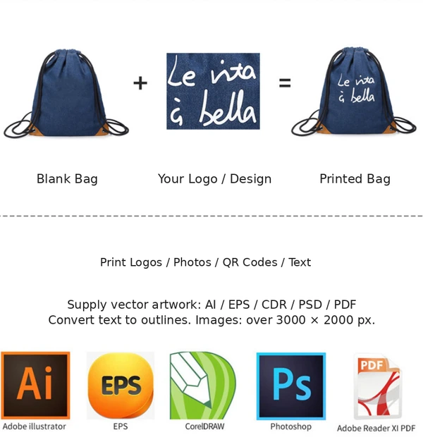 Blank navy drawstring bag, supplied artwork and finished printed bag with artwork file guidance