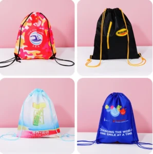 Four drawstring bags with camouflage, black, gradient and blue printed designs