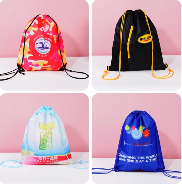 Four drawstring bags with camouflage, black, gradient and blue printed designs
