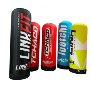 Black, red, blue and yellow inflatable advertising columns with different logos