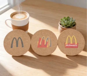 Three round cork coasters with McDonald’s logo variations displayed beside a coffee mug and succulent on a sunlit wooden table