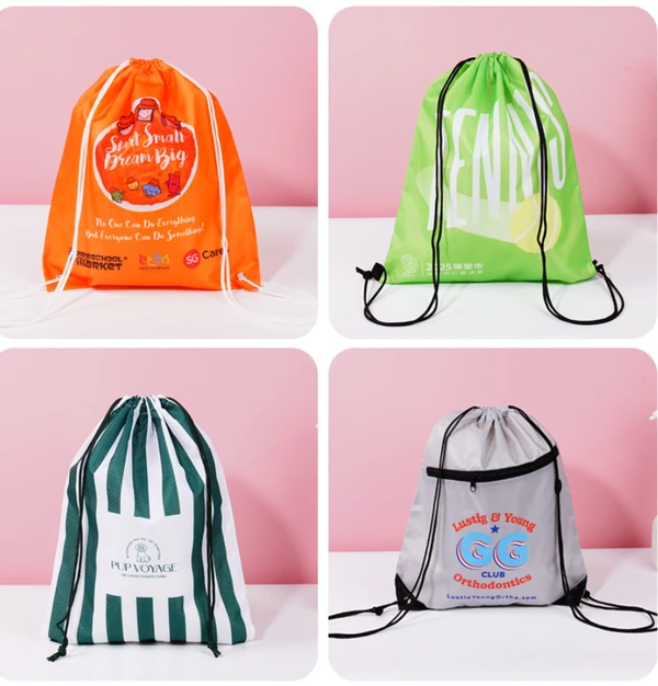 Four drawstring bags with orange, green, striped and gray custom printed designs