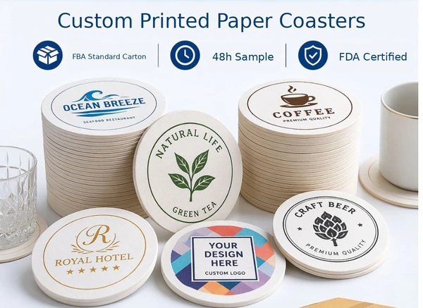 Stacks of round paper coasters with restaurant, coffee, tea, hotel, beer and custom logo designs