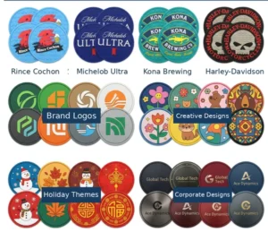 Assorted PVC coaster designs featuring brand logos, creative illustrations, holiday themes and corporate artwork