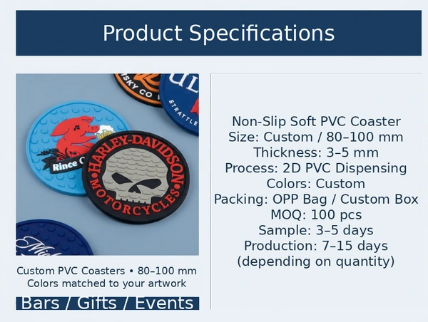 PVC coaster specification chart with custom size, thickness, packaging and order information