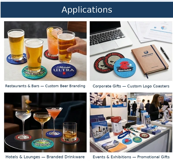 PVC coasters shown with drinks in bars, alongside office gifts and at an exhibition display