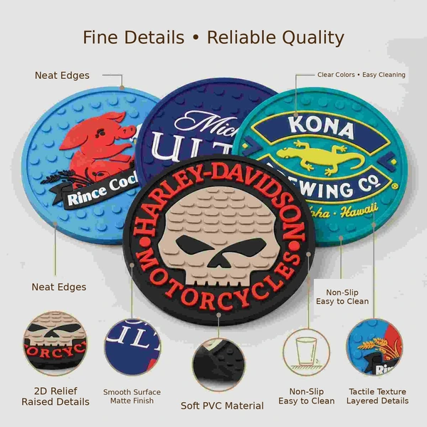 Four colorful PVC coasters with raised logos and close-up views of surface and edge details