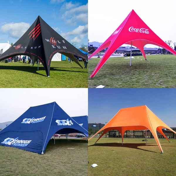 Four star-shaped promotional tents in black, pink, blue and orange with different branded graphics