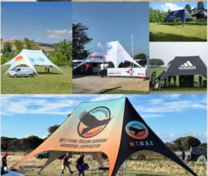 Collage of branded star tents on grass, including white, black and multicolor printed designs
