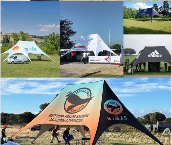 Collage of branded star tents on grass, including white, black and multicolor printed designs