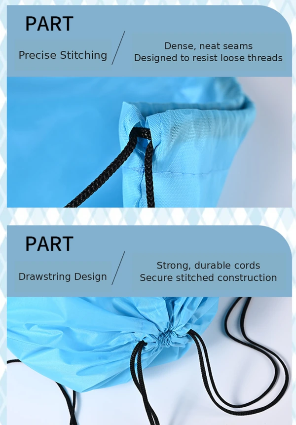 Close-up views of a light blue drawstring bag showing stitched seams and black cord closure