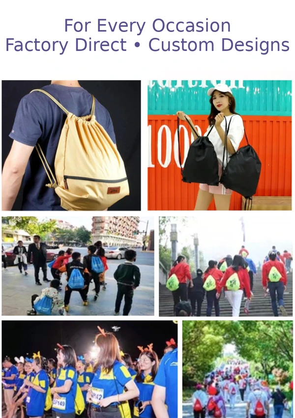 Drawstring bags shown at outdoor activities, group events and in everyday use
