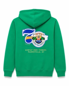 Back of a green hoodie with a large multicolor anniversary graphic