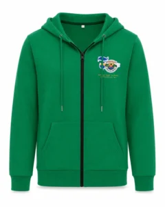 Green full zip hoodie with drawstrings, front pockets and a multicolor chest logo