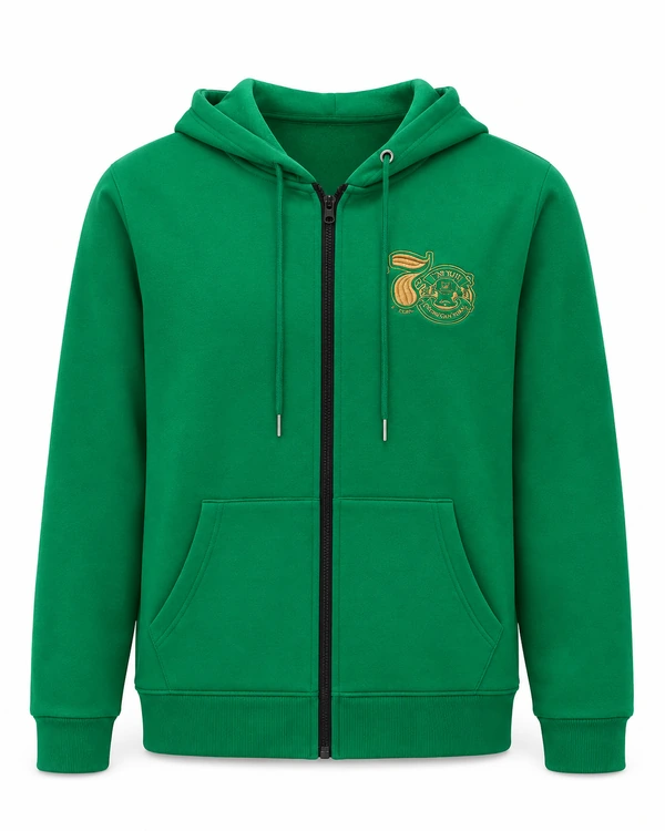 Green full zip hoodie with a gold-colored chest graphic and front pockets