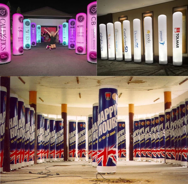 Collage showing illuminated branded inflatable columns at indoor events