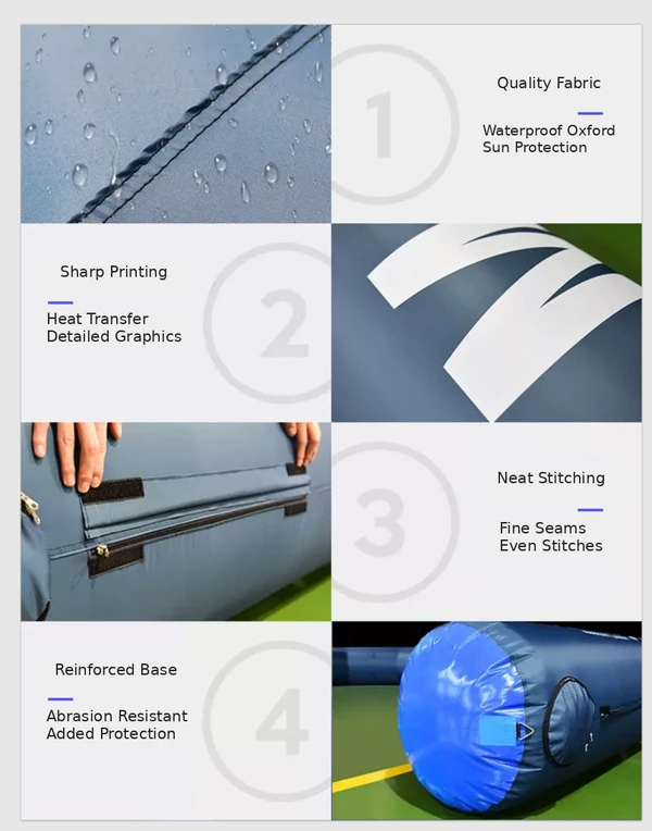 Close-up panels showing water droplets on fabric, printed graphics, stitched closure and reinforced inflatable base