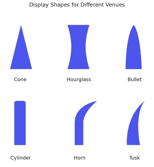 Six blue silhouettes showing cone, hourglass, bullet, cylinder, horn and tusk display shapes