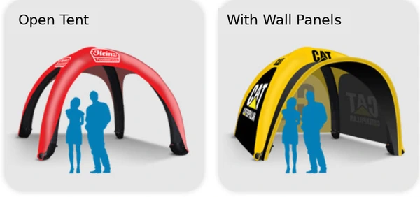 Red open inflatable dome tent and yellow inflatable tent with wall panels shown beside human scale silhouettes