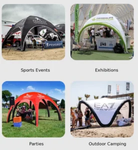 Four inflatable tent event examples showing sports events, exhibitions, parties and outdoor camping displays