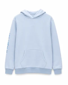 Light blue pullover hoodie with a kangaroo pocket and ribbed cuffs