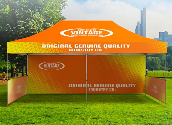 Orange Vintage-branded canopy with a printed full back wall and two side half walls outdoors