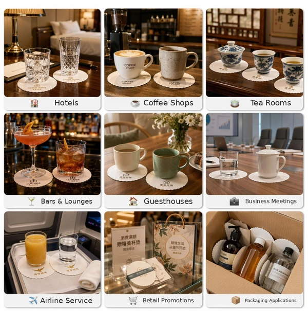 Paper coaster application collage showing hotels, coffee shops, tea rooms, bars, guesthouses, meetings, airline service, retail promotions and packaging