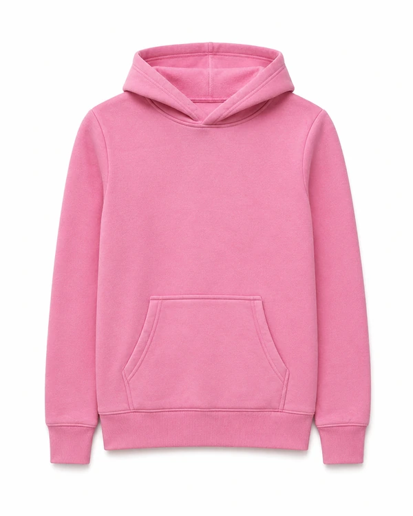 Pink pullover hoodie with a kangaroo pocket and ribbed hem